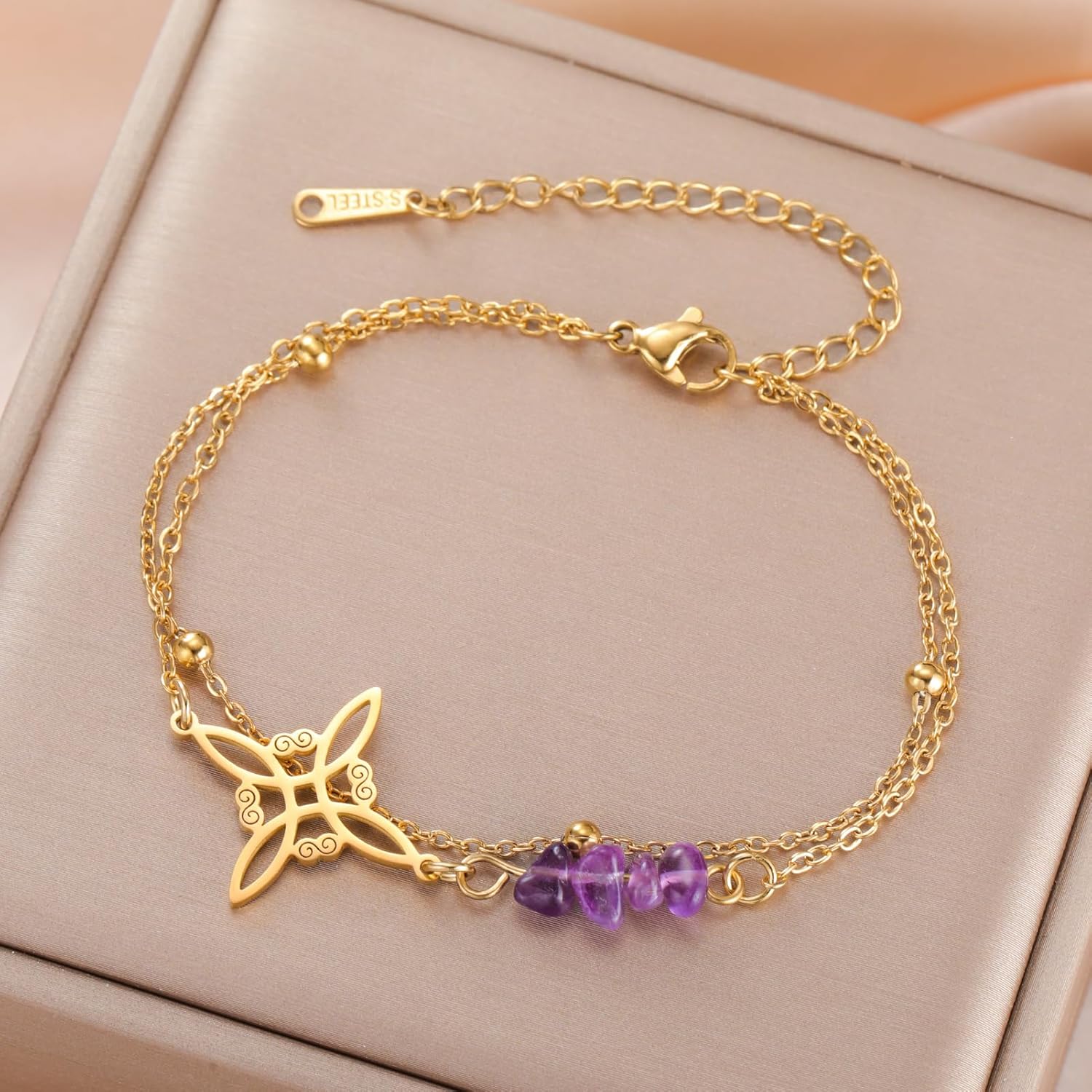 LIKGREAT Bransoletka z ametystowym kryształem czarownicy | Bransoletka ze stali nierdzewnej z koralikami Amulet ochrona celtycki węzeł Wicca Duchowa biżuteria dla kobiet - obrazek 4