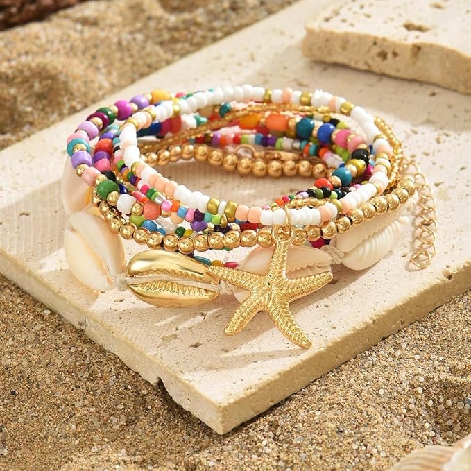 7 sztuk damskich bransoletek na kostkę, wielowarstwowe bransoletki na kostkę Boho, bransoletki na kostkę z rozgwiazdą, letnie bransoletki plażowe, akcesoria jubilerskie dla dziewcząt kobiet, - obrazek 3