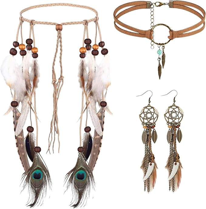 GWAWG Zestaw 3 sztuk indyjskiej biżuterii do włosów dla kobiet, hipisowska opaska na głowę, indyjska hipisowska boho opaska z piórami, boho łapacz snów, kolczyki, skórzany naszyjnik dla kobiet