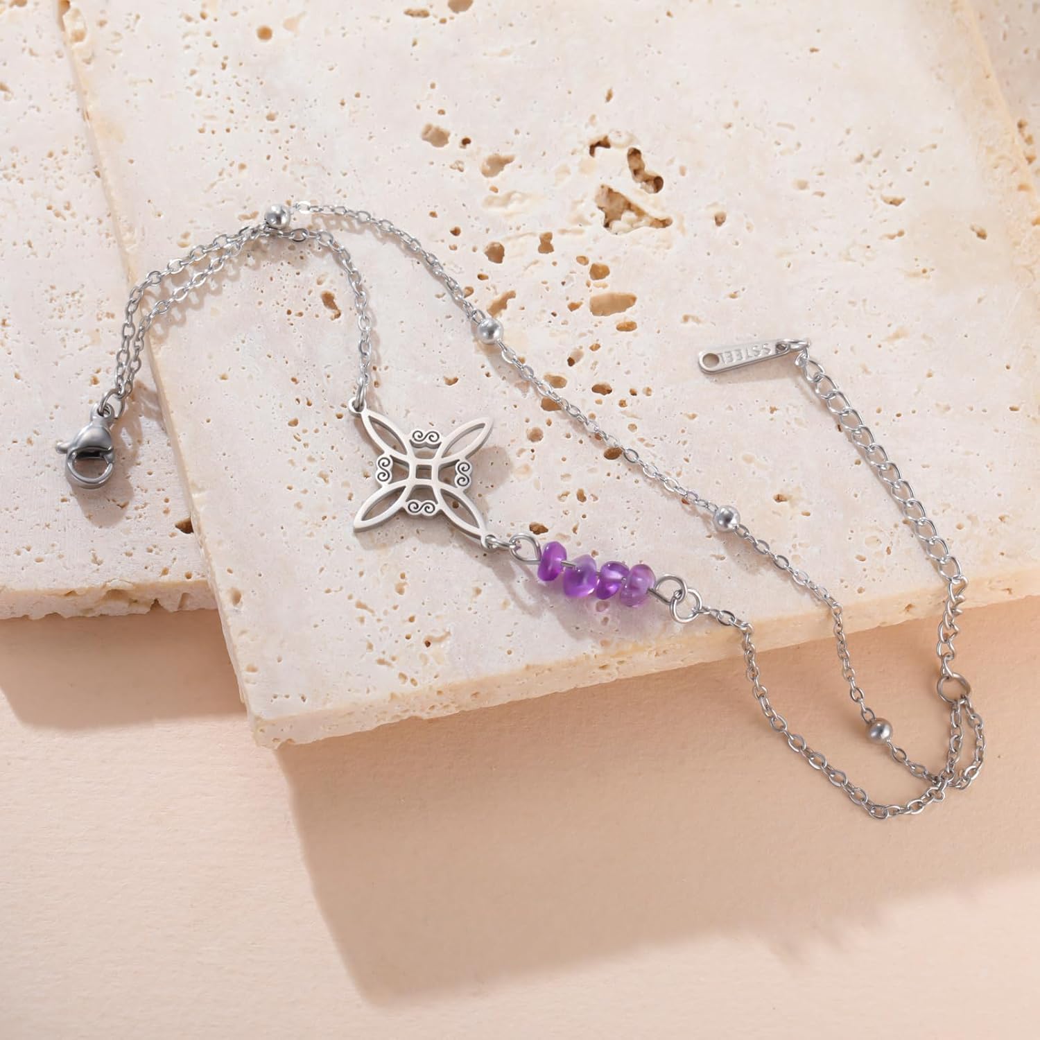 LIKGREAT Bransoletka z węzłem wiedźmy z kryształem ametystu | Bransoletka z koralików ze stali nierdzewnej Amulet ochronny z węzłem celtyckim biżuteria duchowa Wicca dla kobiet - obrazek 5