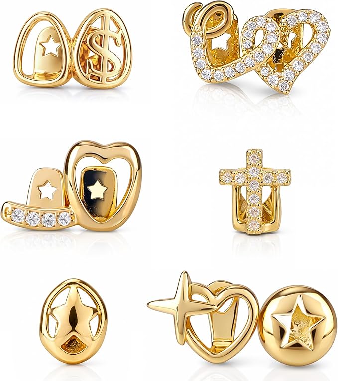 Mikovivi 6szt Zestaw Gold Grills, Błyszcząca Biżuteria Zęby Pozłacanie Serce Gwiazda Krzyż Nakładki Zęby na Góra & Dół dla Kobiet Mężczyzn Prezent Moda Impreza Halloween