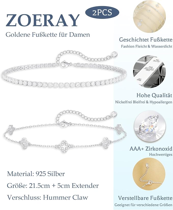 ZOERAY Damski łańcuszek na stopę, srebro próby 925, wodoodporny, pozłacany 18-karatowym złotem, regulowany, z perłami, motylami, sercem, liśćmi koniczyny, na lato, biżuteria, styl boho, na plażę - obrazek 6