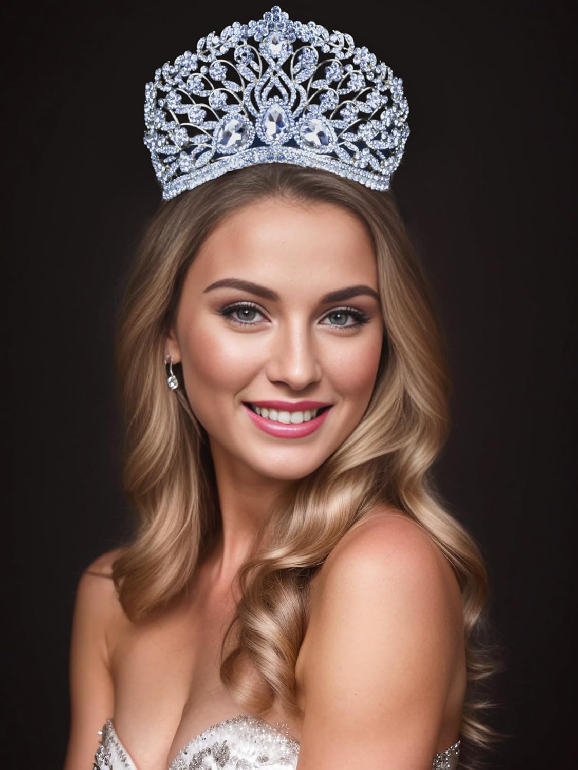 Duży kwiatowy przezroczysty biały austriacki kryształ górski diadem korona z grzebieniem do włosów opaska na głowę welon nakrycie głowy królowa piękna księżniczka konkurs teatr show - obrazek 3