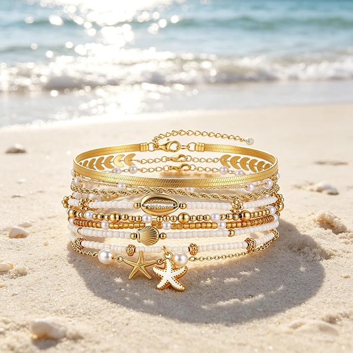 12 szt. Letnie bransoletki plażowe dla kobiet, możliwość układania w stos, rozgwiazda i muszle, bransoletki surferskie, zestaw boho, złote bransoletki z koralikami, wakacje, przyjęcie - obrazek 6