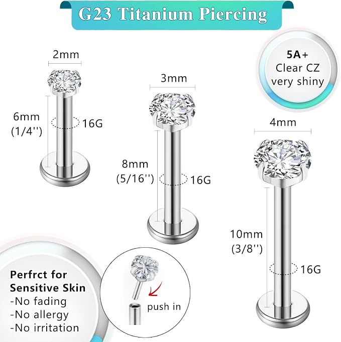 G23 tytanowy tragus piercing biżuteria helix labret kolczyk do nosa wargi kolczyk do chrząstki kolczyk Medusa Monroe hipoalergiczny bez nici wciskany płaski tył srebrny złoty CZ 16g 6mm 8mm - obrazek 3
