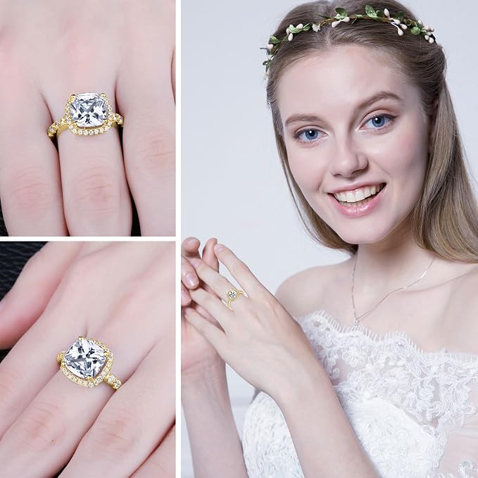 JewelryPalace Pierścionek zaręczynowy pierścionek zaręczynowy dla kobiet, poduszka 3ct cyrkonia pozłacana żółtym złotem, 14 K, obietnica ślubna, piękny prezent urodzinowy, biżuteria damska 49 - obrazek 4