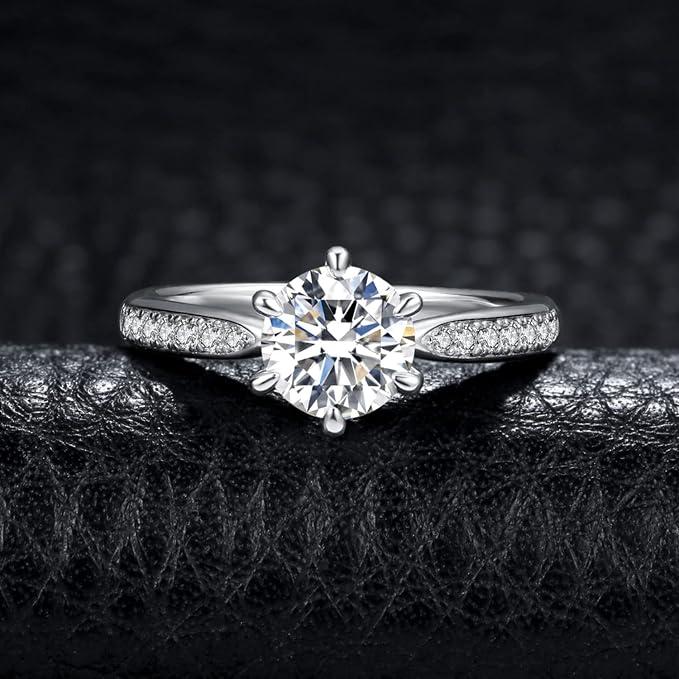 JewelryPalace 1.5ct klasyczny pierścionek Moissanite okrągły pas Solitaire kamień pozłacany 14K białe złoto, pierścionek z brylantem symulowane zaręczyny ślubne obietnica obrączki, zestaw biżuterii - obrazek 3