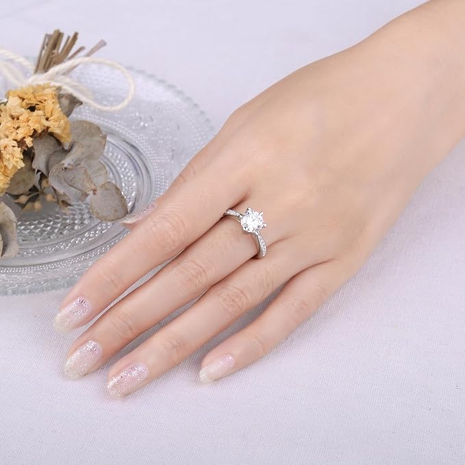 JewelryPalace 1.5ct klasyczny pierścionek Moissanite okrągły pas Solitaire kamień pozłacany 14K białe złoto, pierścionek z brylantem symulowane zaręczyny ślubne obietnica obrączki, zestaw biżuterii - obrazek 4