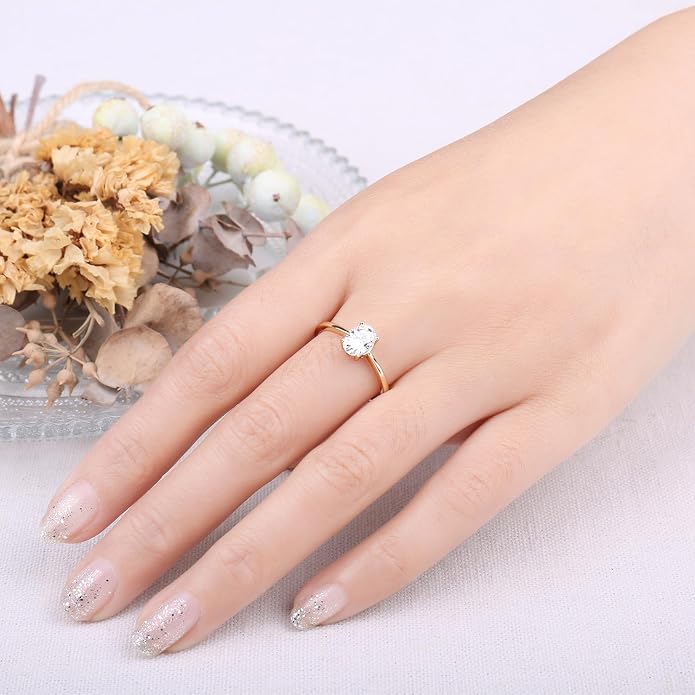 JewelryPalace 1ct klasyczny pierścionek damski pozłacany 14-karatowym żółtym złotem z cyrkonią, złote pierścionki z owalnym szlifem kamienia, złoty pierścionek ślubny zestaw biżuterii damskiej 10,5 - obrazek 4