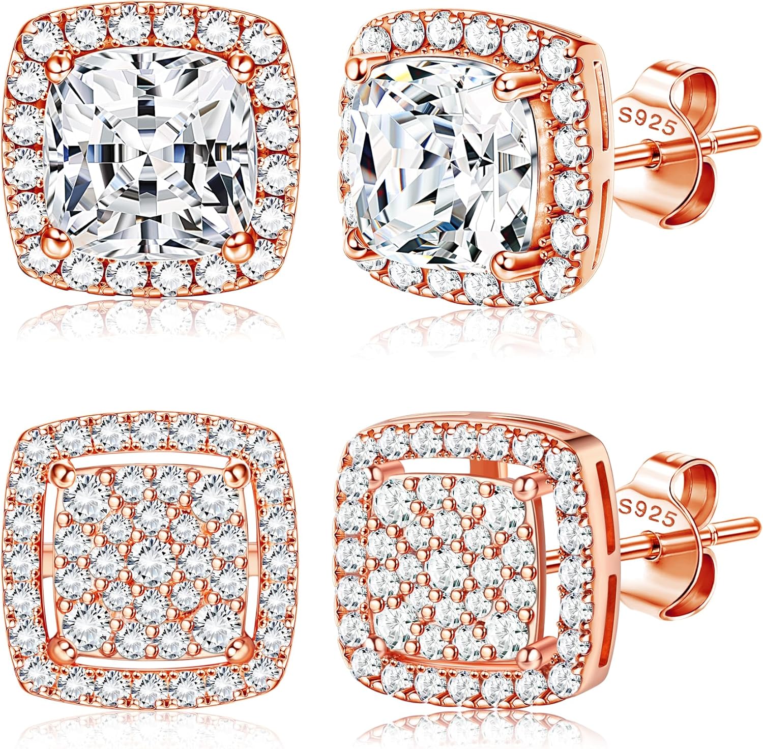 Dochais 2 pary pozłacanych 14-karatowym złotem 14-karatowe srebrne kolczyki dla mężczyzn i kobiet, okrągłe i kwadratowe cyrkonie z imitacji diamentu, lodowate, hipoalergiczne - obrazek 2