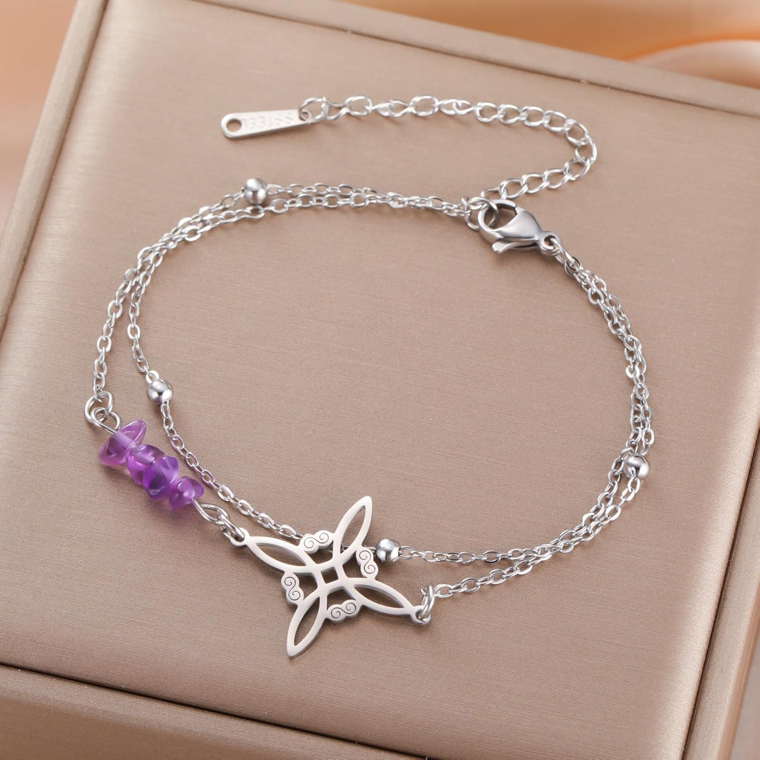 LIKGREAT Bransoletka z węzłem wiedźmy z kryształem ametystu | Bransoletka z koralików ze stali nierdzewnej Amulet ochronny z węzłem celtyckim biżuteria duchowa Wicca dla kobiet - obrazek 4