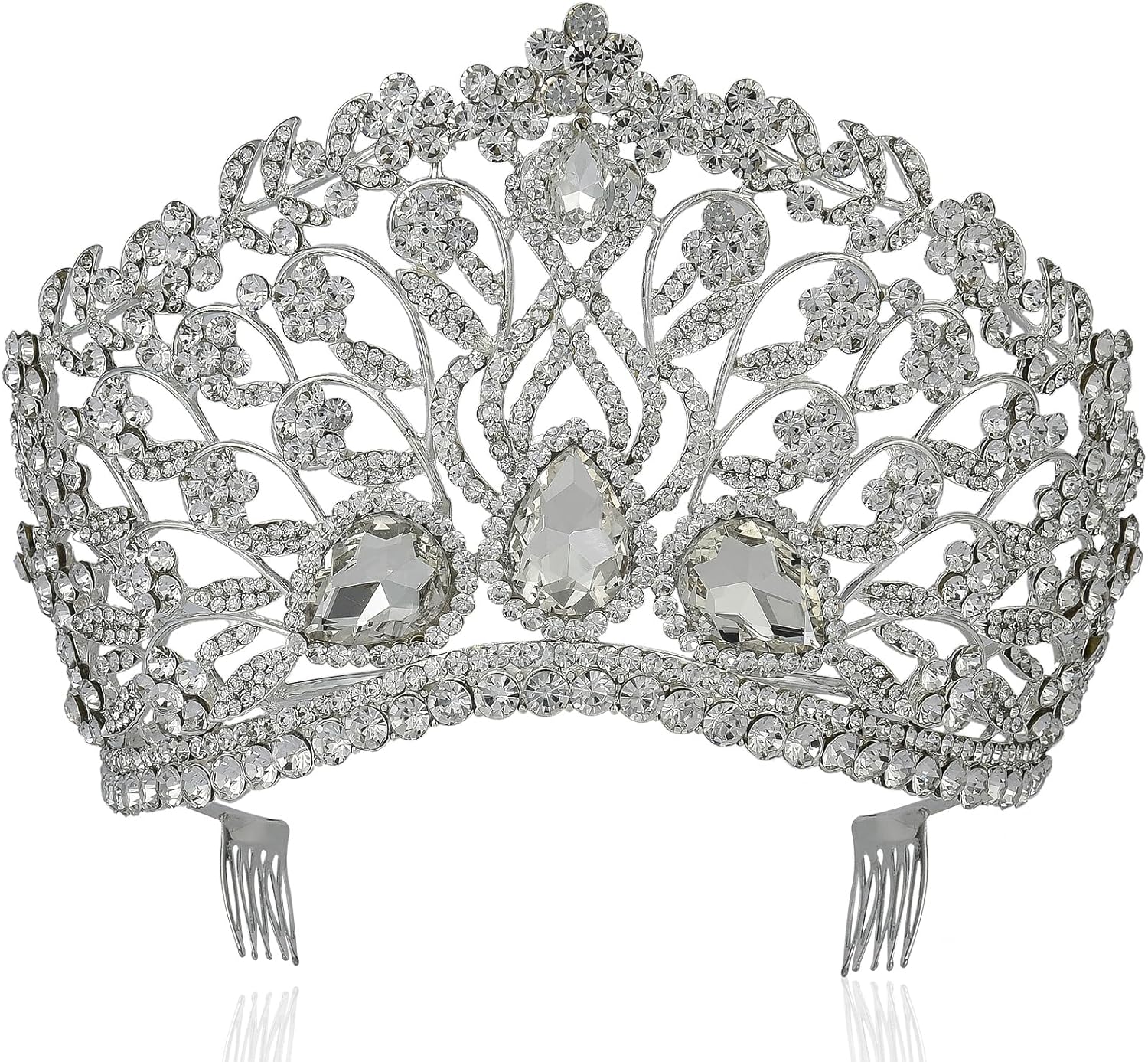 Duży kwiatowy przezroczysty biały austriacki kryształ górski diadem korona z grzebieniem do włosów opaska na głowę welon nakrycie głowy królowa piękna księżniczka konkurs teatr show - obrazek 2