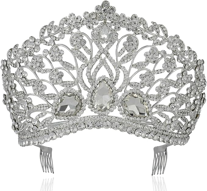Duży kwiatowy przezroczysty biały austriacki kryształ górski diadem korona z grzebieniem do włosów opaska na głowę welon nakrycie głowy królowa piękna księżniczka konkurs teatr show