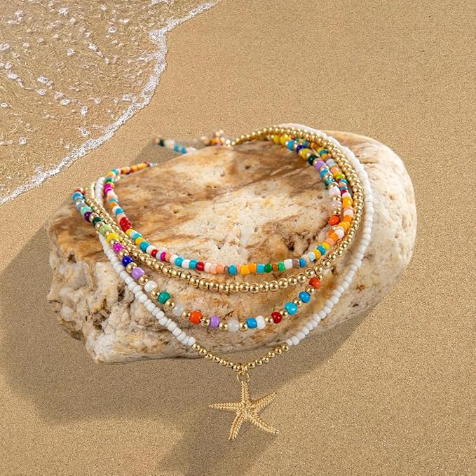 7 sztuk damskich bransoletek na kostkę, wielowarstwowe bransoletki na kostkę Boho, bransoletki na kostkę z rozgwiazdą, letnie bransoletki plażowe, akcesoria jubilerskie dla dziewcząt kobiet, - obrazek 5