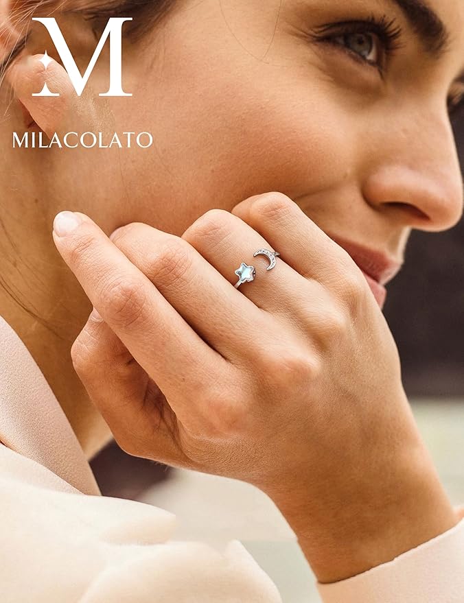 MILACOLATO Fidget pierścionek dla kobiet, dzieci, dziewcząt, pierścienie lękowe, otwarte, regulowane, srebrny, słonecznik, opal, kamień księżycowy, gwiazda, księżyc, śnieg, lotos, spinner, nastrojowe - obrazek 4