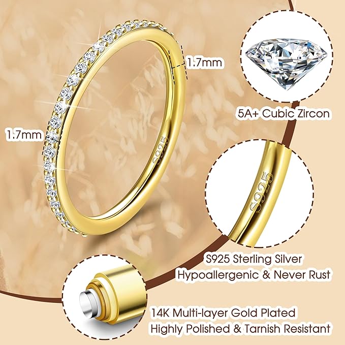 Dochais Pierścionki Eternity ze srebra wysokiej próby 925, pozłacane 14 K, pozłacane, damskie pierścionki z cyrkonią, prosty pierścionek, możliwość układania w stos, srebrne/złote pierścionki - obrazek 3