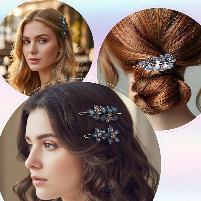 Francuska spinka do włosów w stylu vintage, stras, 2 sztuki, ekstrawaganckie spinki do włosów dla kobiet, kwiatowe spinki do włosów z kamieniami strasu, niebieskie, dekoracyjne ozdoby do włosów na - obrazek 6