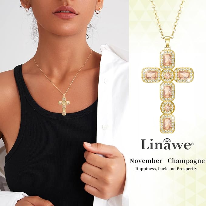 Linawe Naszyjnik z krzyżowym łańcuszkiem dla kobiet, diamentowy wisiorek z kryształowym łańcuszkiem z kamienia urodzenia, biżuteria modna dostępna w kolorze złotym, srebrnym i różowym złotem - obrazek 3
