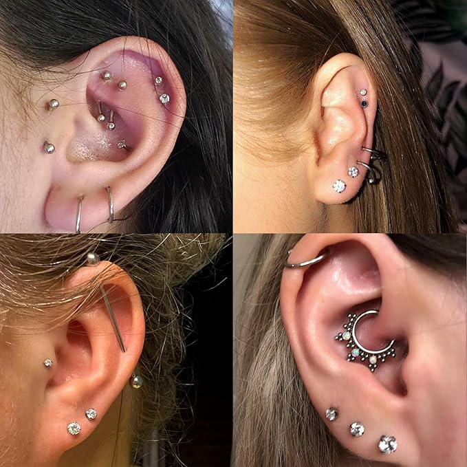 G23 tytanowy tragus piercing biżuteria helix labret kolczyk do nosa wargi kolczyk do chrząstki kolczyk Medusa Monroe hipoalergiczny bez nici wciskany płaski tył srebrny złoty CZ 16g 6mm 8mm - obrazek 5
