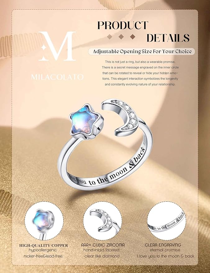 MILACOLATO Fidget pierścionek dla kobiet, dzieci, dziewcząt, pierścienie lękowe, otwarte, regulowane, srebrny, słonecznik, opal, kamień księżycowy, gwiazda, księżyc, śnieg, lotos, spinner, nastrojowe - obrazek 3