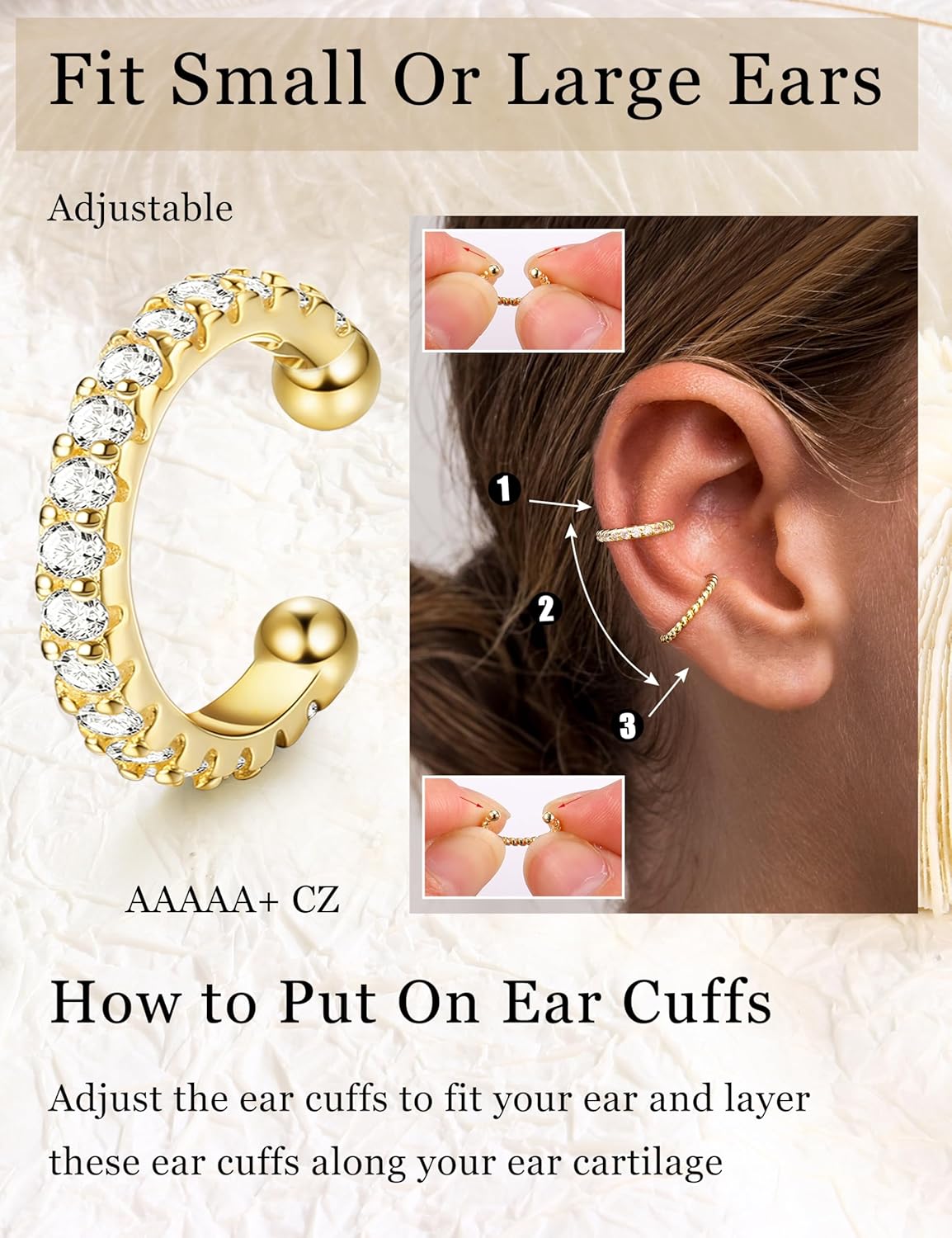 Chriscoco Ear Cuff zestaw kolczyków dla kobiet, fałszywe kolczyki, fakepircings, 14-karatowe złoto, klips, bez piercingu, fałszywa helix, do chrząstki, z pudełkiem na prezent - obrazek 3