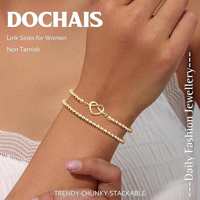 Dochais 2 szt. złotych bransoletek z koralikami z wisiorkiem, bransoletka z koralików 4 mm, regulowana z łańcuszkiem ze stali nierdzewnej, pozłacane 14-karatowym złotem, biżuteria, prezenty dla kobiet - obrazek 4