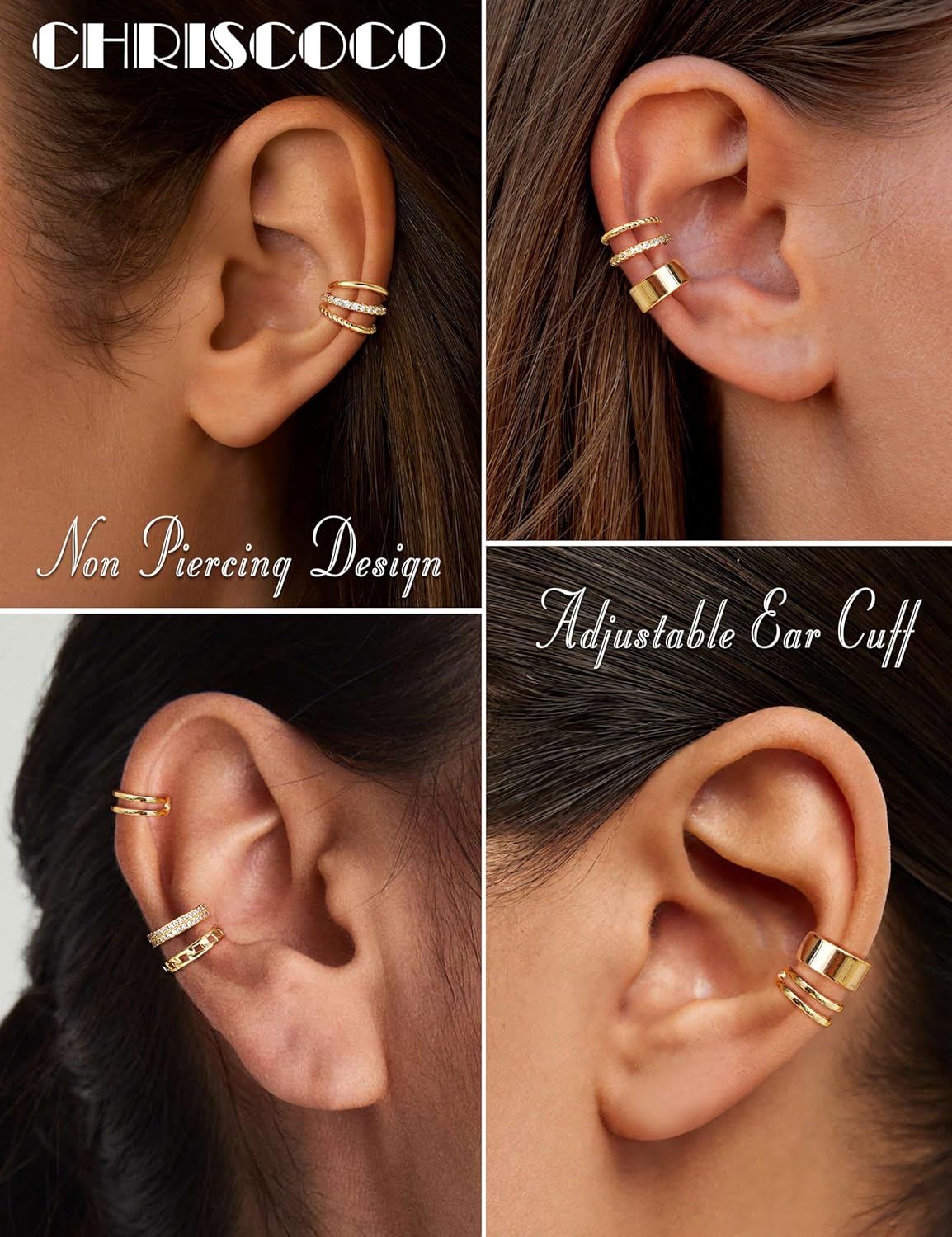 Chriscoco Ear Cuff zestaw kolczyków dla kobiet, fałszywe kolczyki, fakepircings, 14-karatowe złoto, klips, bez piercingu, fałszywa helix, do chrząstki, z pudełkiem na prezent - obrazek 4