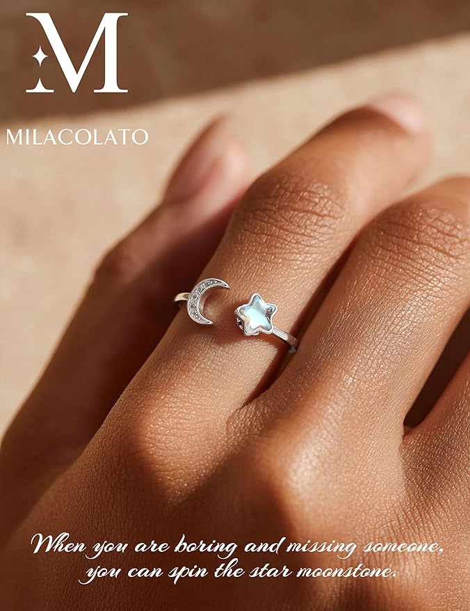 MILACOLATO Fidget pierścionek dla kobiet, dzieci, dziewcząt, pierścienie lękowe, otwarte, regulowane, srebrny, słonecznik, opal, kamień księżycowy, gwiazda, księżyc, śnieg, lotos, spinner, nastrojowe - obrazek 5