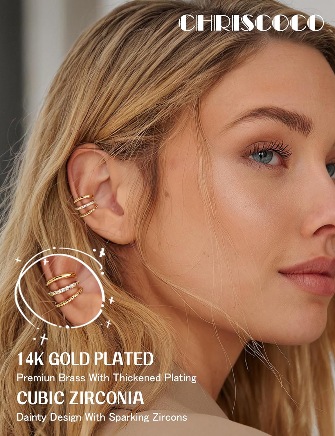 Chriscoco Ear Cuff zestaw kolczyków dla kobiet, fałszywe kolczyki, fakepircings, 14-karatowe złoto, klips, bez piercingu, fałszywa helix, do chrząstki, z pudełkiem na prezent - obrazek 5