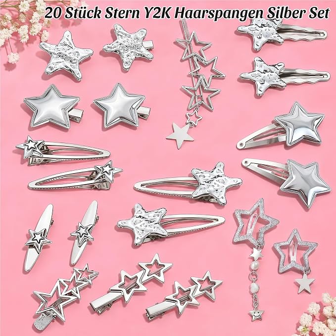 20 sztuk spinek do włosów w kształcie gwiazd Y2k, srebrne, brokatowe, gwiazdki, metalowe, retro, gwiazdki, styl punkowy, dla kobiet, na imprezy, koncerty, na co dzień - obrazek 4