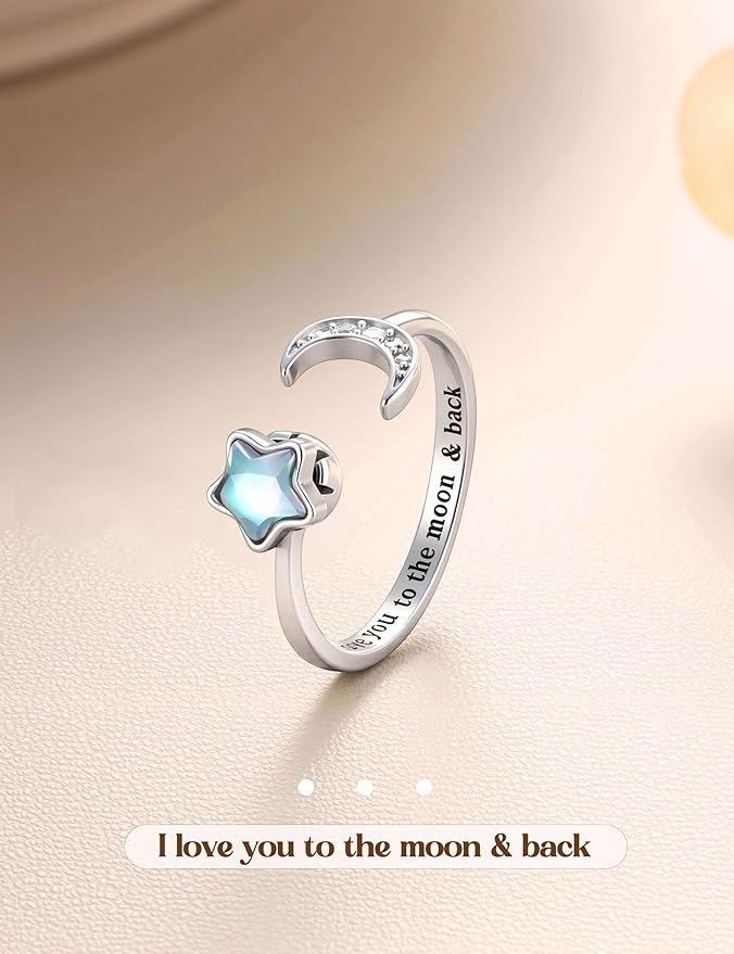 MILACOLATO Fidget pierścionek dla kobiet, dzieci, dziewcząt, pierścienie lękowe, otwarte, regulowane, srebrny, słonecznik, opal, kamień księżycowy, gwiazda, księżyc, śnieg, lotos, spinner, nastrojowe - obrazek 7