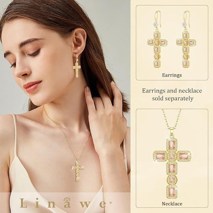 Linawe Naszyjnik z krzyżowym łańcuszkiem dla kobiet, diamentowy wisiorek z kryształowym łańcuszkiem z kamienia urodzenia, biżuteria modna dostępna w kolorze złotym, srebrnym i różowym złotem - obrazek 4