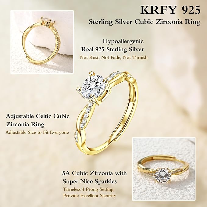 KRFY Srebrne pierścionki dla kobiet CZ pierścionek zaręczynowy obietnica pierścionek dla kobiet ślubnych 925 regulowane srebrne pierścionki otwarte sześcienne pierścionki z cyrkonią dla kobiet - obrazek 7