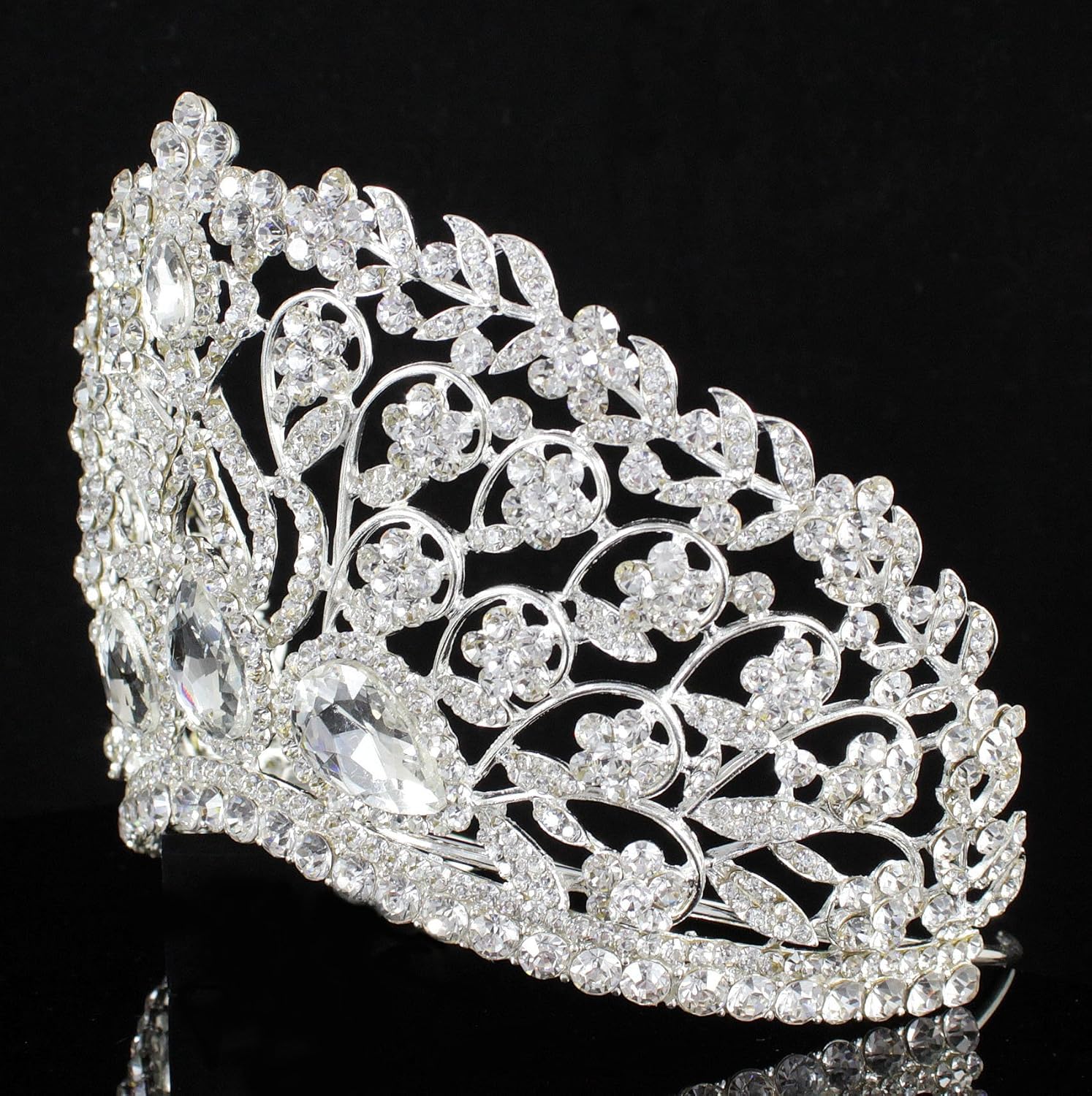 Duży kwiatowy przezroczysty biały austriacki kryształ górski diadem korona z grzebieniem do włosów opaska na głowę welon nakrycie głowy królowa piękna księżniczka konkurs teatr show - obrazek 6