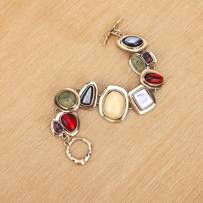 Bransoletka z Geometrycznych Kamieni, Spersonalizowana Modna Bransoletka Geometrycznych Kamieni Metalowych Kolorowy Duży Klejnot Żywicy Biżuteria Stylu Vintage Etnicznym dla Kobiet - obrazek 4