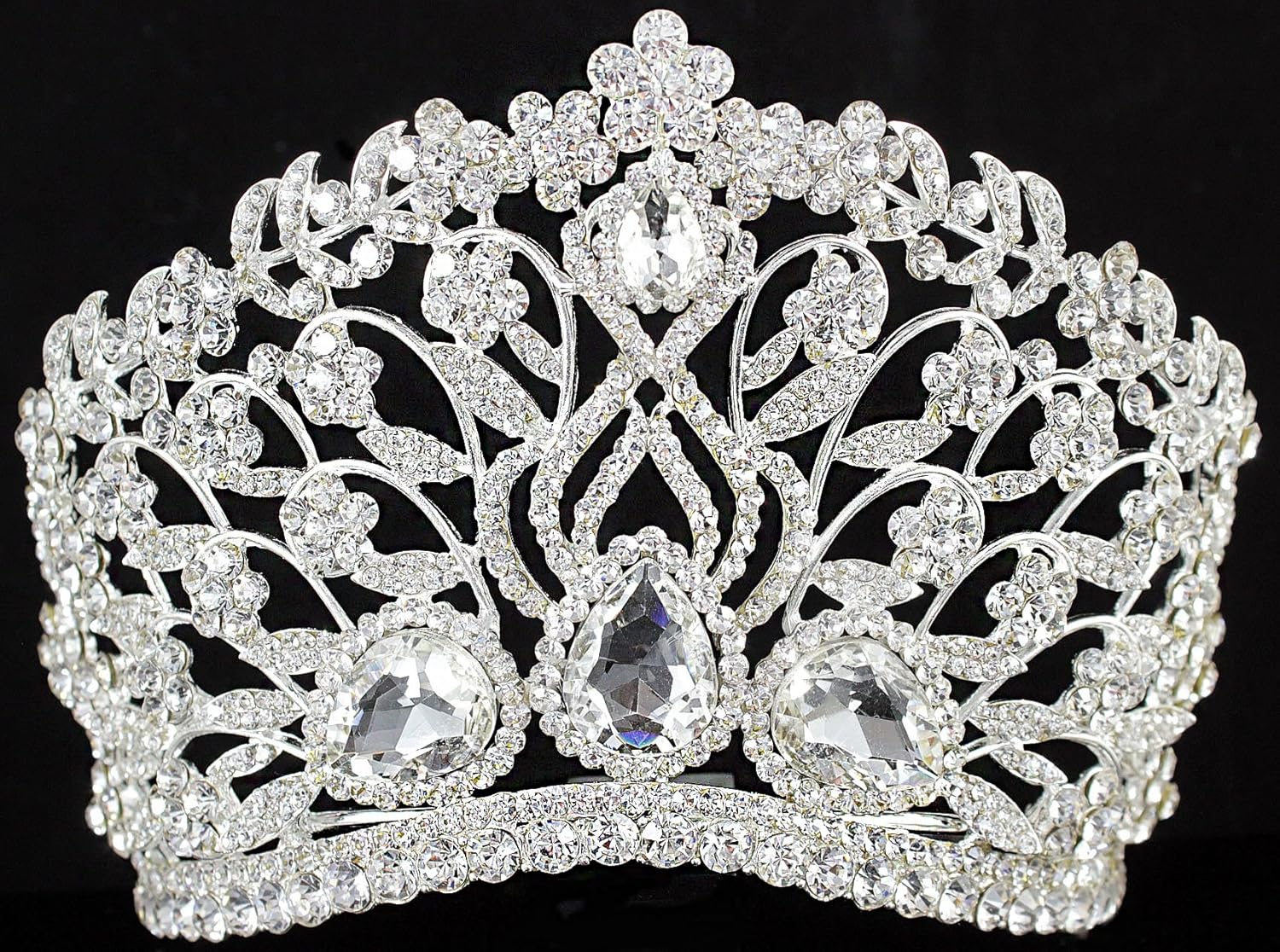 Duży kwiatowy przezroczysty biały austriacki kryształ górski diadem korona z grzebieniem do włosów opaska na głowę welon nakrycie głowy królowa piękna księżniczka konkurs teatr show - obrazek 5
